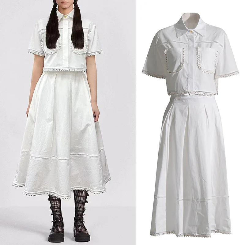 

Elegant Two Piece Skirt Sets For Women Lapel Short Sleeve Tops High Waist A Line Pleated Skirts Solid Set Female Summer