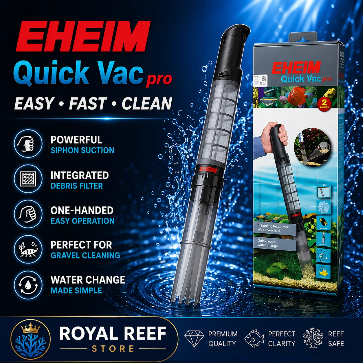 EHEIM Quick Vac Pro Limpador de Cascalho com Fluxo Ajustável, Bomba Skimmer para Limpeza de Substrato de Aquários de Água Doce e Salgada, Plantados e de Recifes