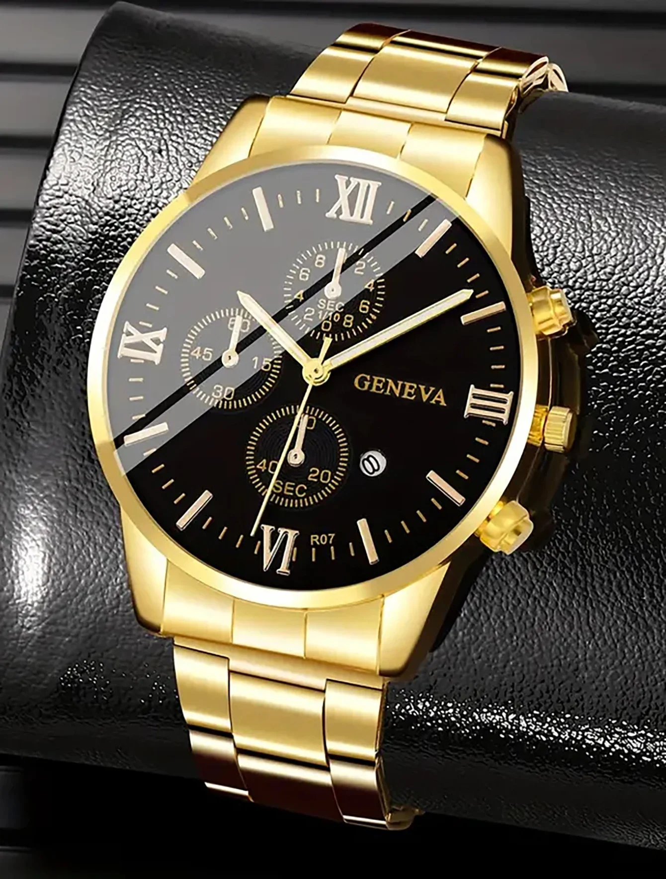 Orologio al quarzo da uomo in lega stile business classico 3 pezzi con bracciale cubano collana croce set calendario braccialetto regalo di compleanno