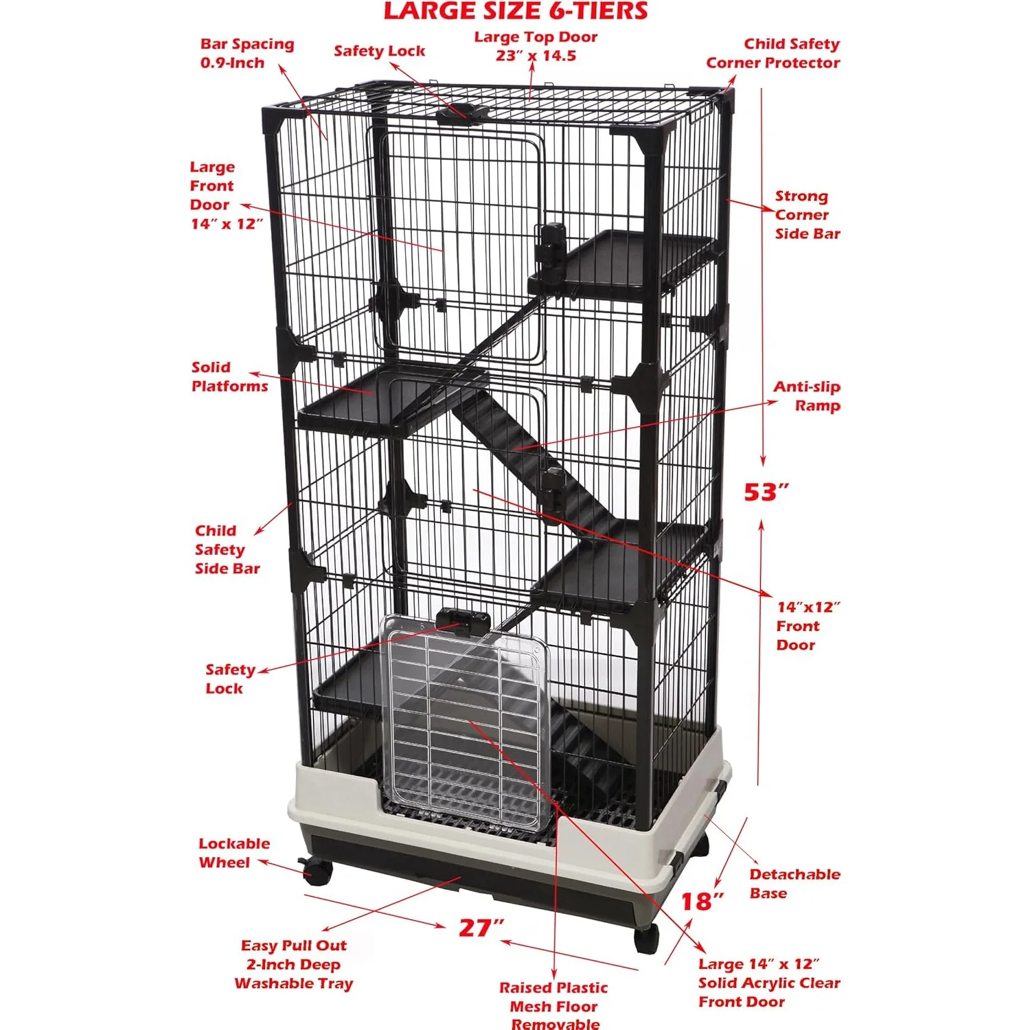 Large 5-Level In/Outdoor Small Pet Cage with Solid Platform Ramp Leakproof Litter Easy Clean 2-Inch Deep Tray Lockable Casters