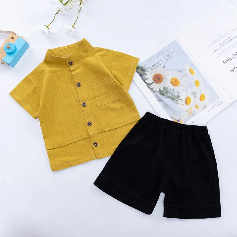 2Pcs Summer Children Boys Clothes Set Kids Solid Lapel Collar T-shirt Tops+Shorts Outfit Baby Casual Fashionable Clothes Set