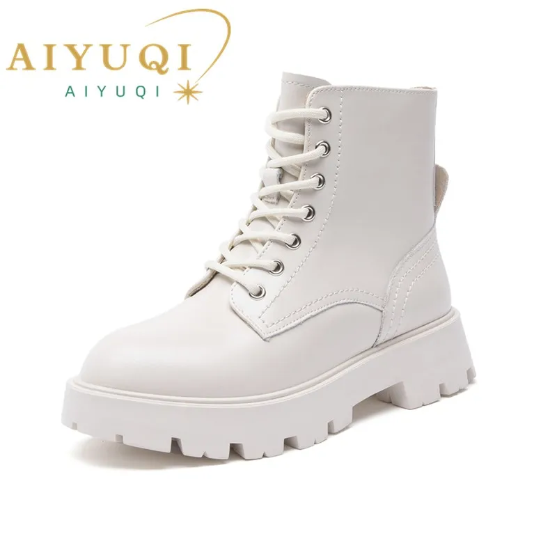 Aiyuqi botas marton femininas de couro genuíno outono rendas botas de motocicleta senhoras estilo britânico botas de tornozelo feminino whsle mto