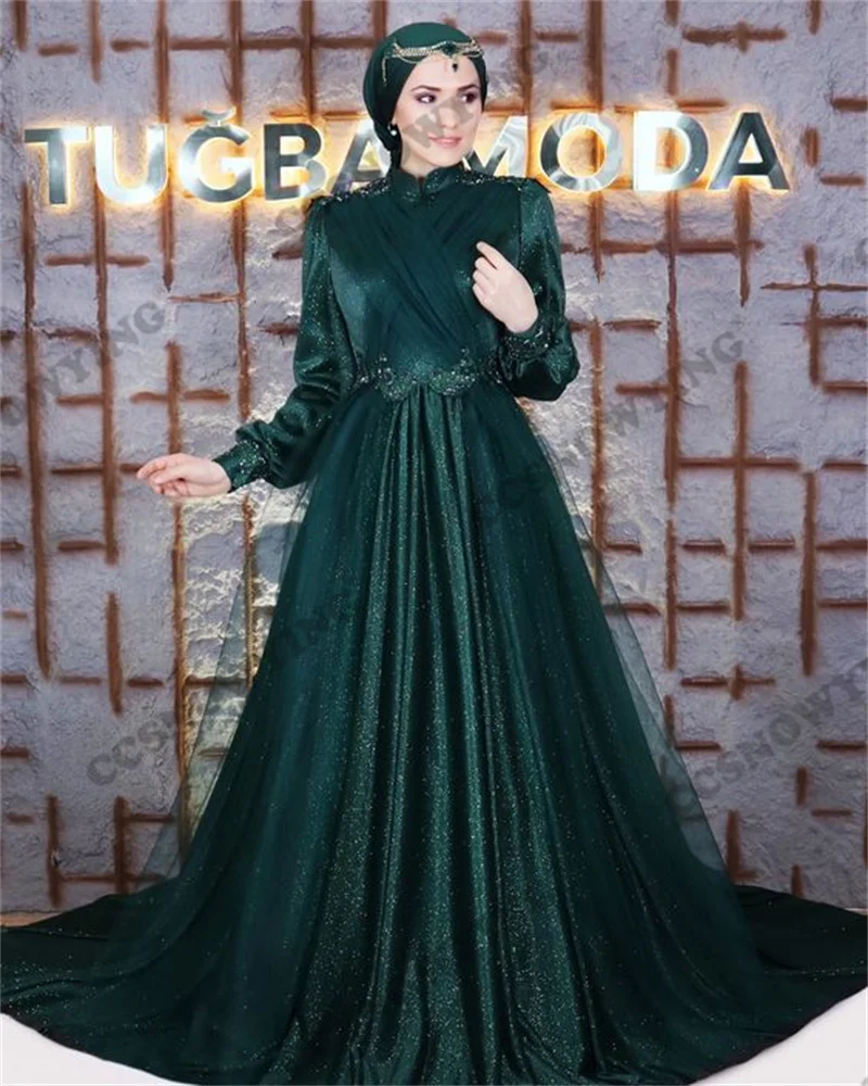 

Sparkly Green Long Sleeve Muslim Evening Dresses Hijab Islamic Formal Party Gown Women Arabic Kaftan Robe De Soiree