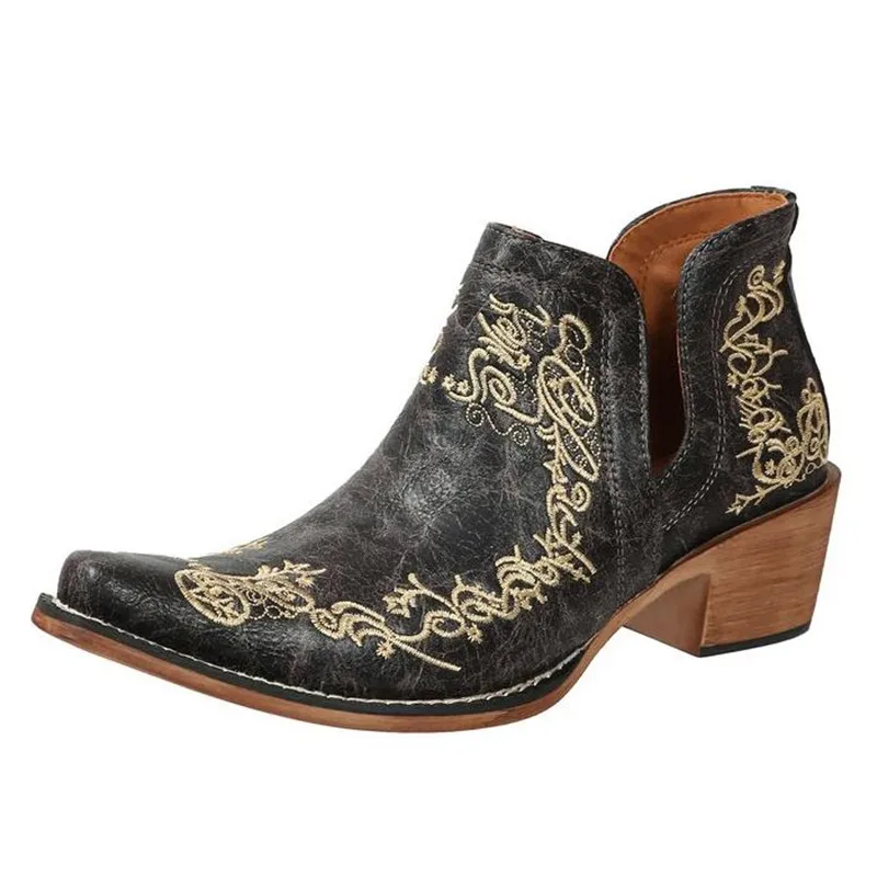 Women Vintage Boots Chunky Heels Western Cowboy Boots 2026 Leather High Heels Shoes Women Autumn Winter Embroidered Knight Boots