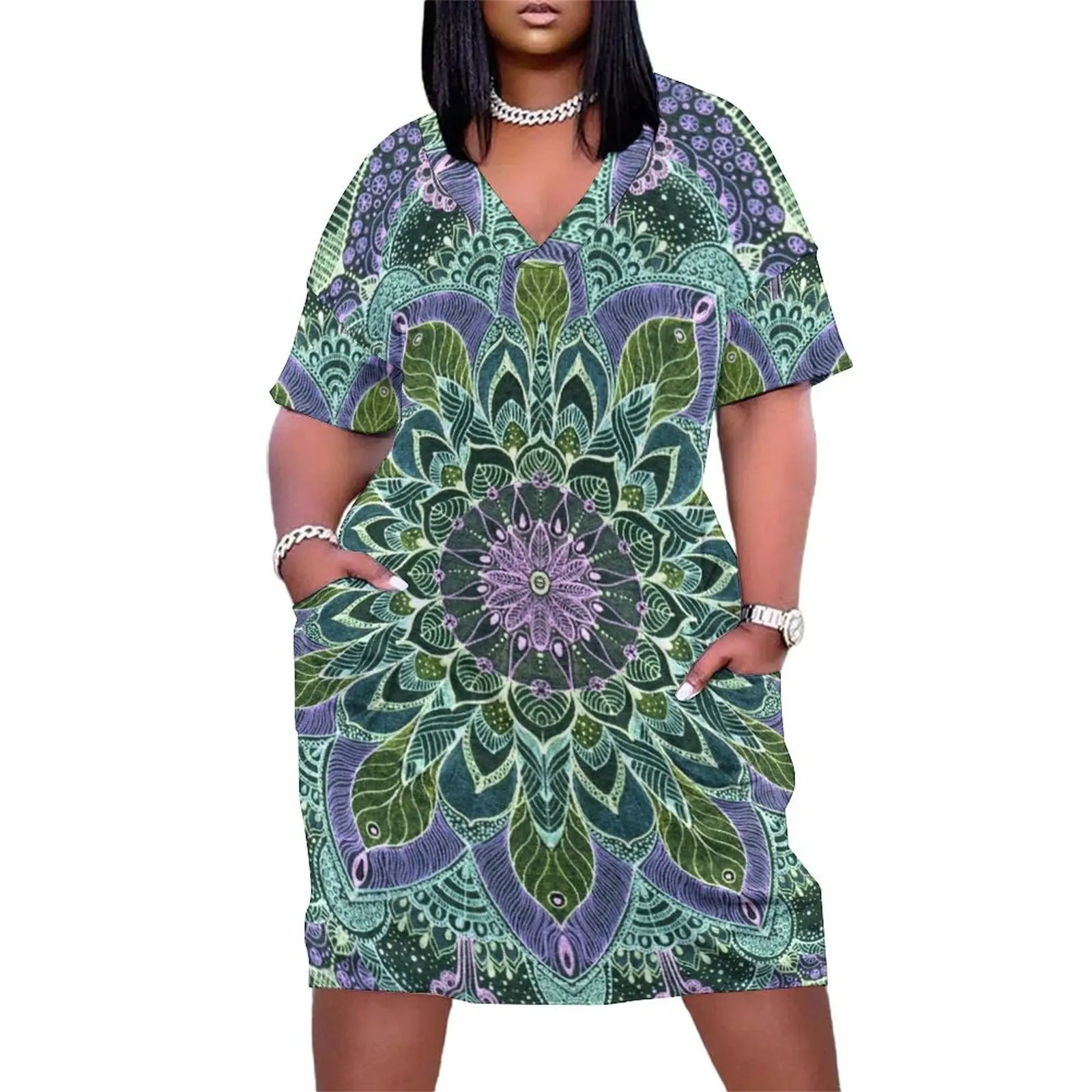 

Hand Drawn Pink Purple Mandalaon Dark Loose Pocket Dress summer woman dress 2025 dress women summer ceremony dresses