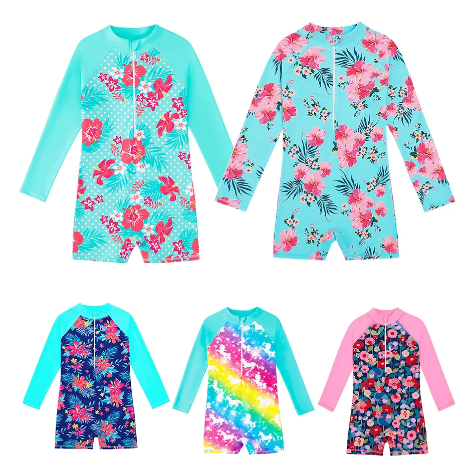 

Girls' Printed Long Sleeved Zippered Swimsuit Children's Water Sports Quick Drying Swimsuit Girl's Vacation Surfing Swimsuit