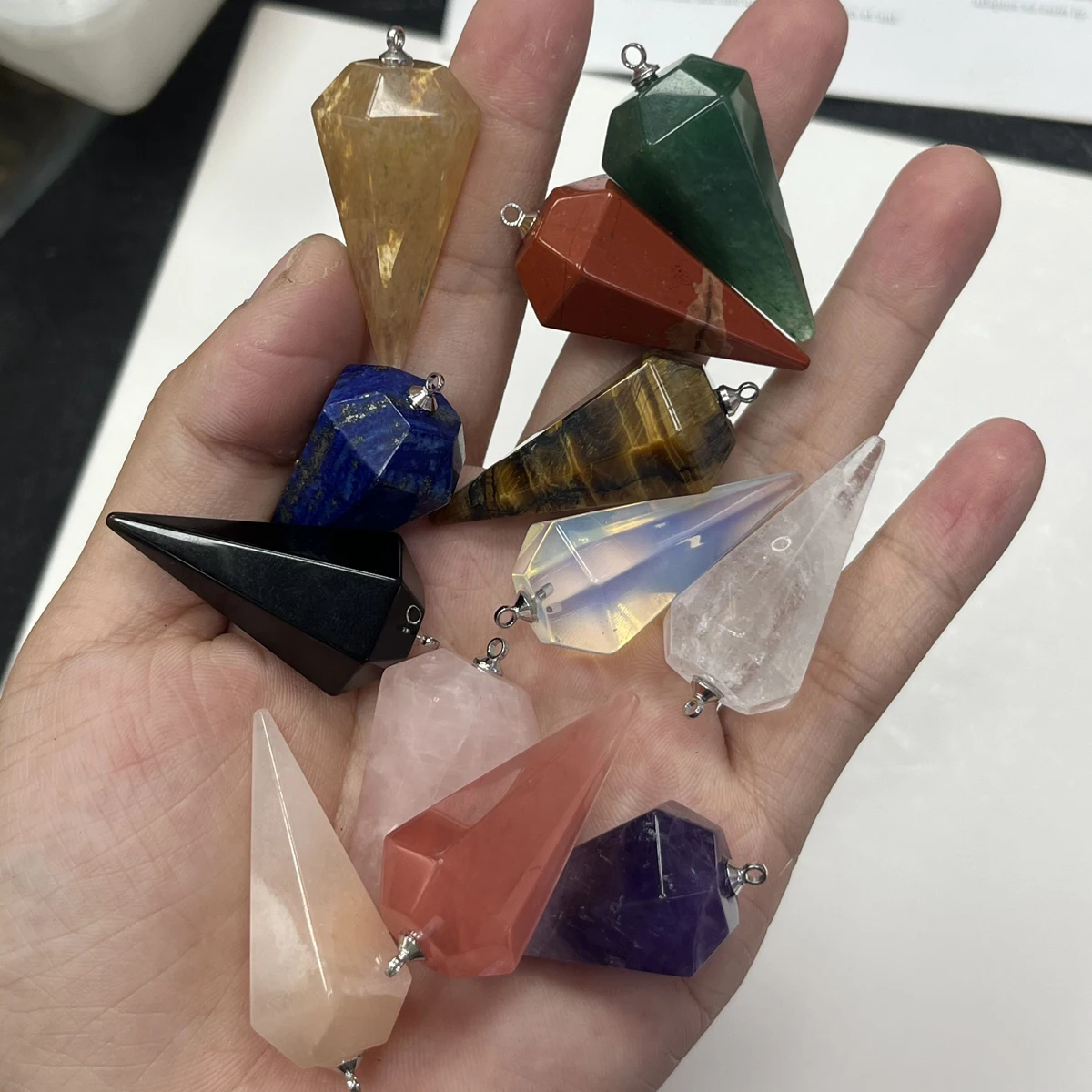 1piece Crystal Natural Stone Pendant Hexagonal Pyramid Pendants Charms for DIY Women Men Necklace Jewelry Making Accessories