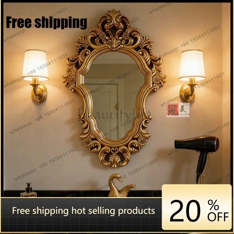 LJY American Vintage Bathroom Wall Mounted Toilet Makeup Mirror French Carved Fireplace Mirror Background Wall Decorative Mirror
