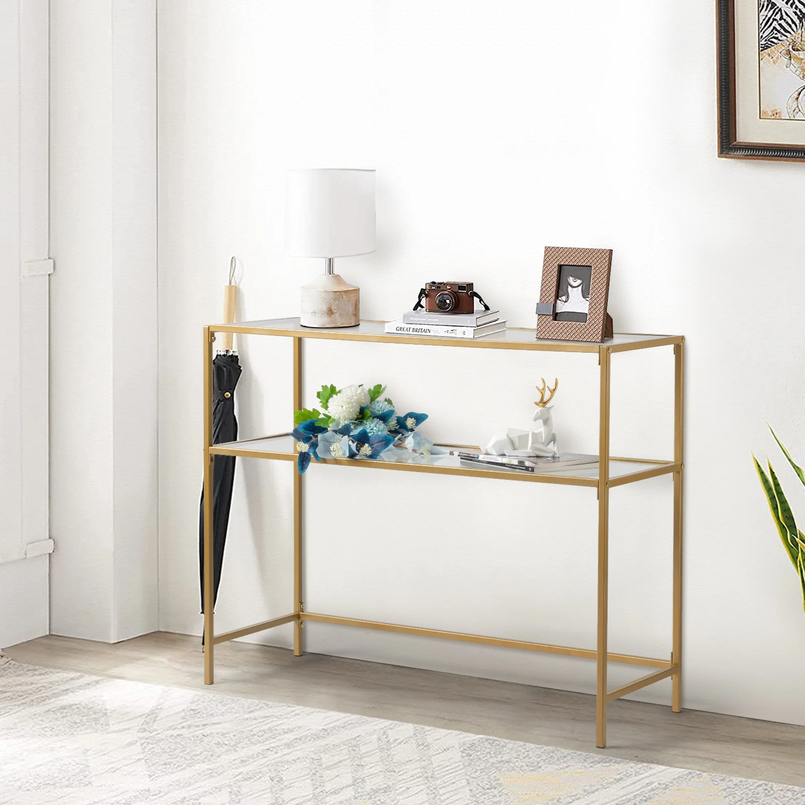 [Flash Sale]100CM Console Sofa Table Modern Entryway Table Tempered Glass Table Gold Metal Frame for Living Room Hallway[US-W]