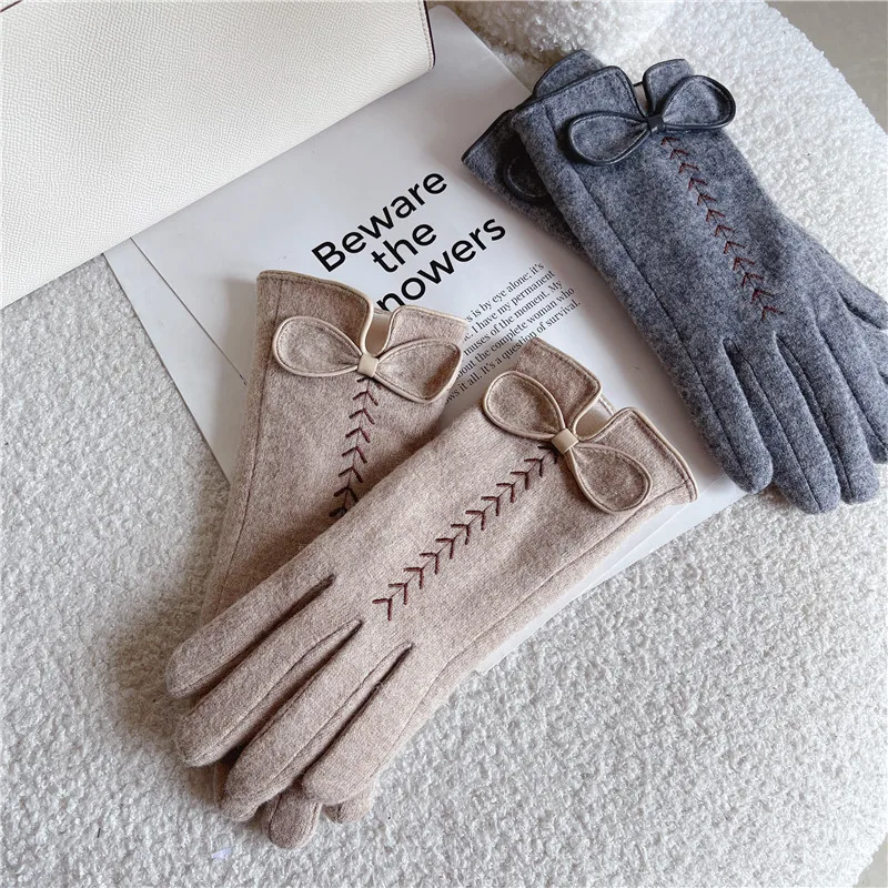 Warm Gloves Winter Women's Fleece-lined Thickened Bow Wheat Wool Gloves Autumn and Winter Driving and Biking Touch Screen