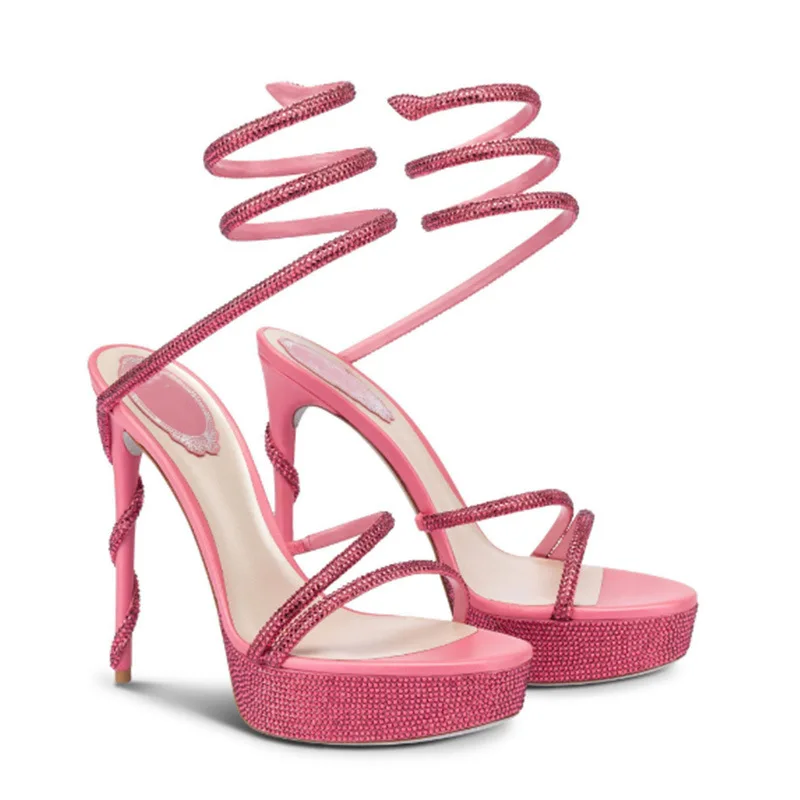 

Sexy Woman Crystal Embellished Stilettos High Heel With Platform Spiral Ankle Sandals Female Pink BLack Beige Sandal Shoes