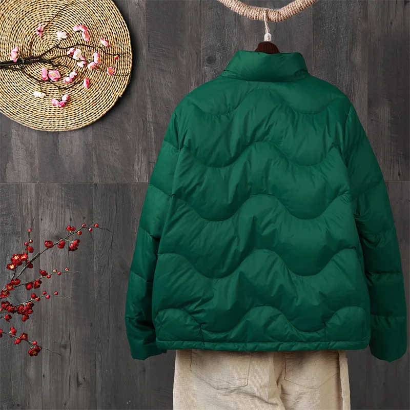 Estilo chinês retro para baixo jaqueta outono inverno feminino luz quente fino pato branco para baixo casaco senhoras curto bigsize sapo impressão parkas