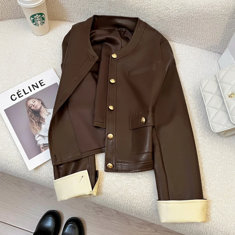 Veste en cuir à col rond pour femme, manches longues épissées, mode française, simple, faux cuir sauvage, café, décontracté, dame