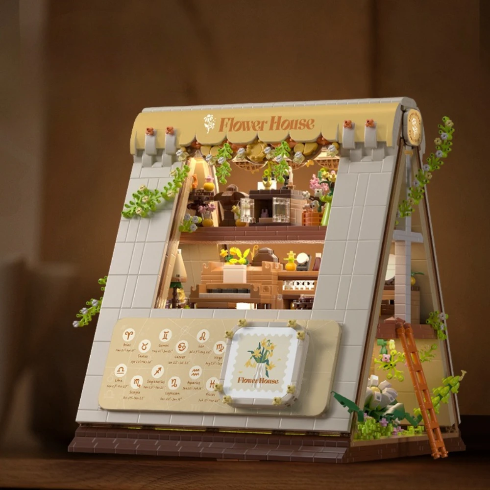 MOC A-vormige Bloemenwinkel Winkel Huis Bouwstenen Set Herfst Brief Diamant Model DIY Speelgoed Voor Kinderen Verjaardag Vakantie Geschenken