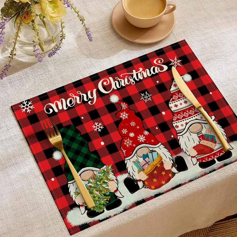 VIKAMA Linen Placemats Let It Snow Snowman Cardinal, Red Black, Stain Resistant Easy to Clean, Dining Table Holiday