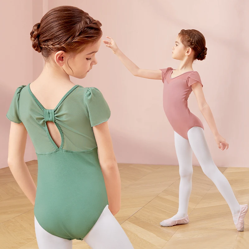 Ballet Leotards for Girls Splice Short Sleeve Kids Dance Leotards Back Bowknot Gymnastics Leotard Cotton Ballet Dancing Bodysuit