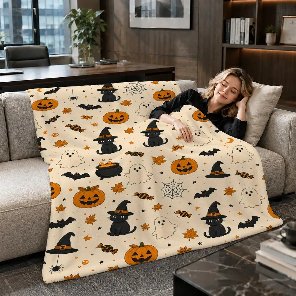 Craft Vintage Pumpkin Cat Halloween Throw Soft Warm Flannel Throw Blanket for Sofa Bed Office Home Holiday Gift All Season