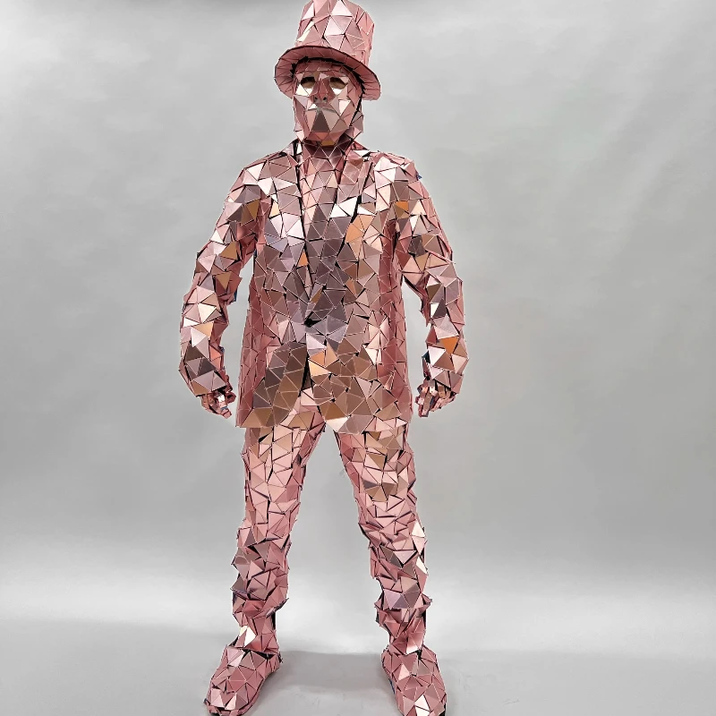 Fantasia masculina espelhada rosa, performance de palco, festa, show, roupas, coaplay, dj, bar, cantor, boate, traje festivo, cosplay