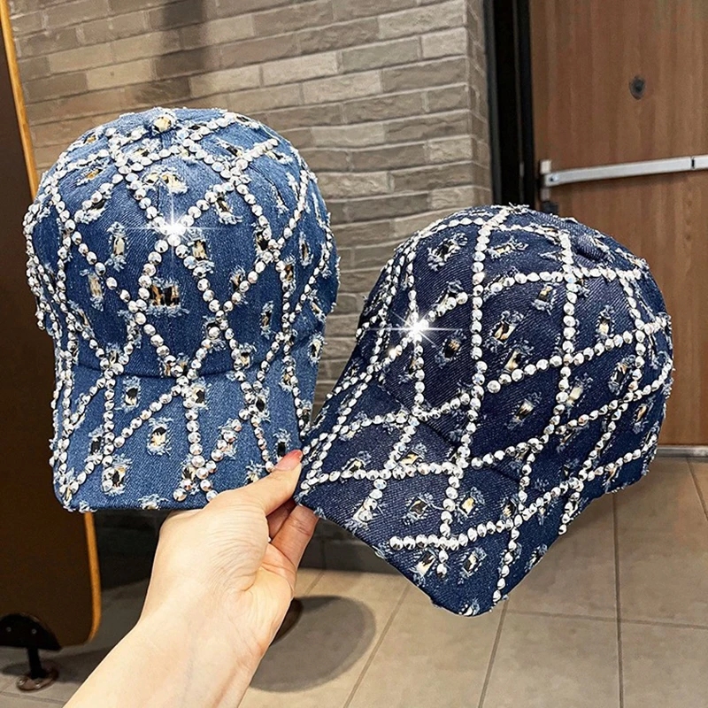 Hat Women Broken Hole Rhinestone Denim Baseball cap Korean Fashion Leopard Pattern Platter Adjustable Sun hat