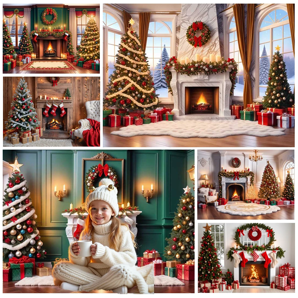 

MOON.QG Christmas New Year Background Fireplace Red Wreath Xmas Trees Backdrops For Photography Photocall Poster Party Portrait