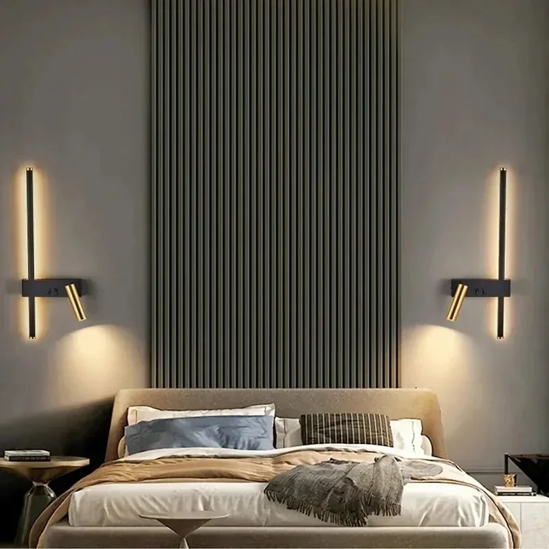 Minimalist long wall strip Nordic minimalist modern reading wall lamp hotel engineering atmosphere adjustment rotary dual switch