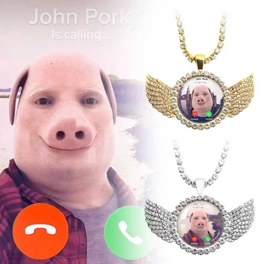 John Pork is Calling Answer Call Phone Humor Funny Pig Lover Graphic The moon Necklace Angel Wings Pendant Necklace Jewelry Gift