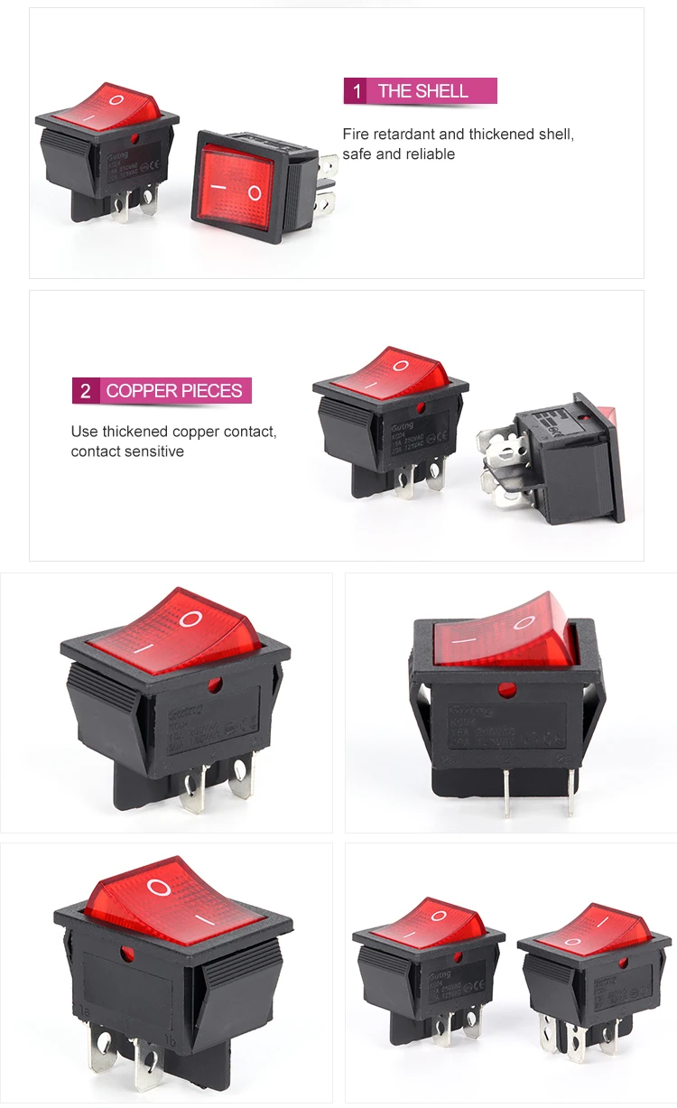 2 Stück KCD4 Wippschalter, robust, AC 20 A/125 V, 16 A/250 V, Ein-Aus-DPST, 4-polig, mit rot beleuchtetem 220 V-Kippschalter für Elektrogeräte – Detail 2