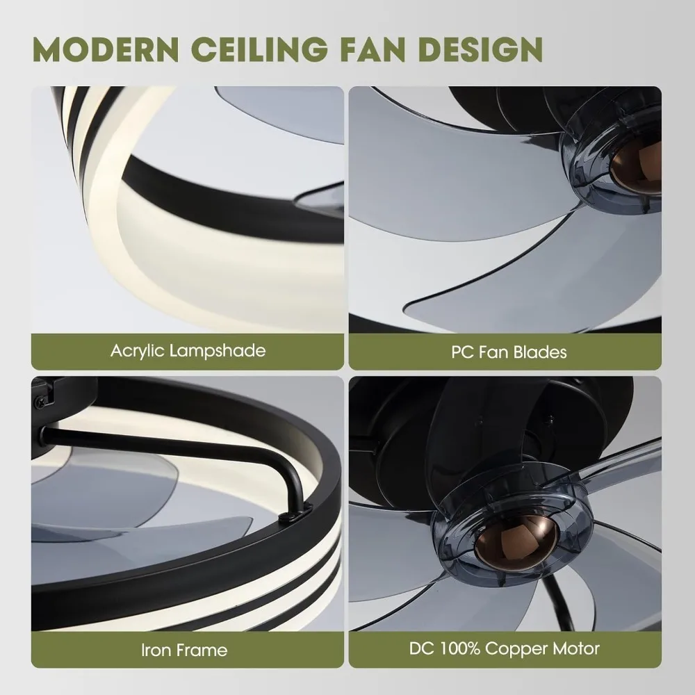 พัดลมเพดานพร้อมไฟ,พัดลมเพดานฟลัชเมาท์พร้อมไฟและรีโมท, พัดลมเพดานรายละเอียดต่ําอัจฉริยะความเร็วลมพกพา 6 ระดับสําหรับห้องนอน