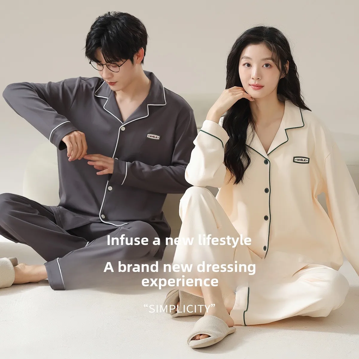 Pajamas couple men and women spring and autumn new long-sleeved trousers can be worn outside two-piece set