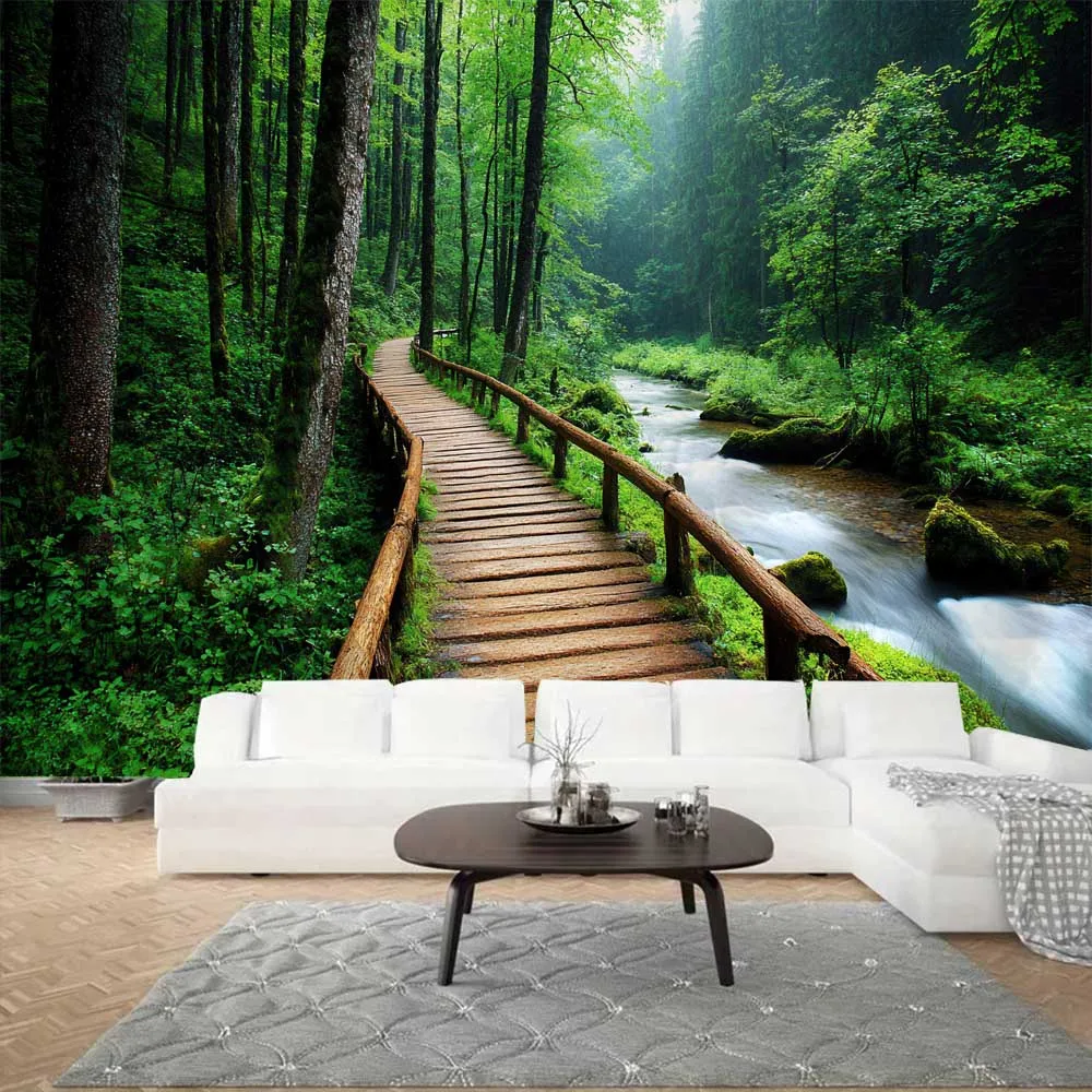 Tropical Rainforest Wooden Path Tapestry Green Plants Natural Waterfall Tapestry Home Living Room Decoration Garden Wall Hanging