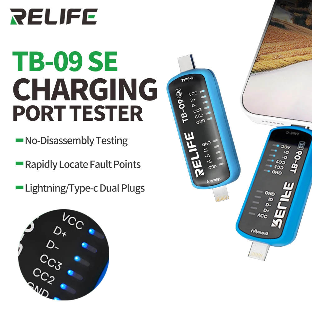 

RELIFE TB-09 SE Простой тестер хвостовой заглушки Lightning/Type-C для ремонта мобильных телефонов Не требует разборки Инструмент для тестирования хвостовой заглушки