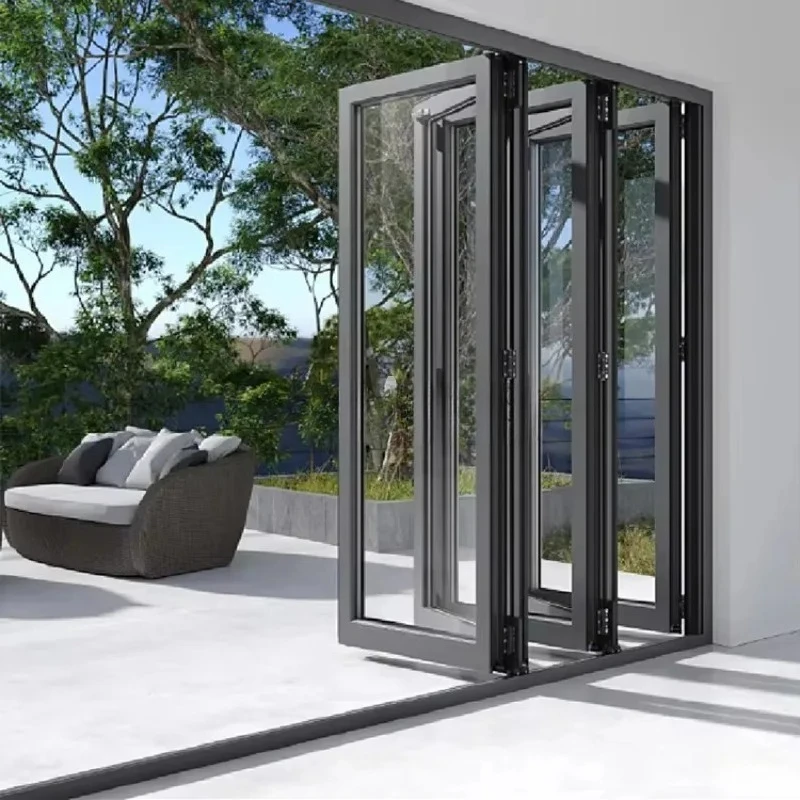 Exterior Patio Black Aluminium Frame Glass Folding Sliding Doors Waterproof Windproof Heavy Duty Soundproo For Home Garden Villa