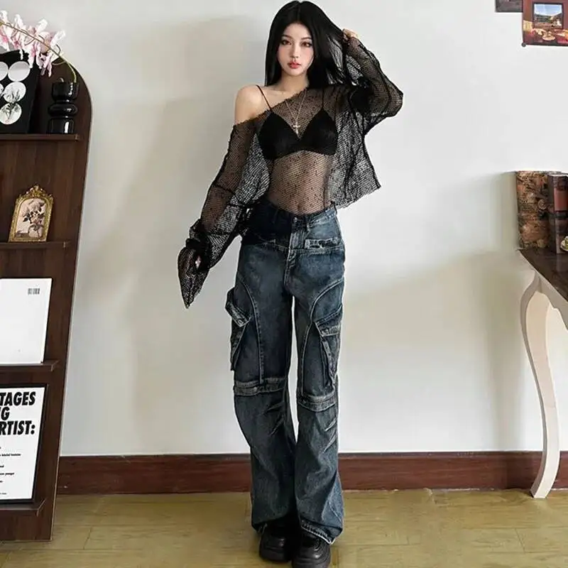 Seksowna siateczkowa koszulka damska z prześwitami, czarna, z długim rękawem, ażurowa, letnia moda streetwear, podstawowa bluzka Y K, top dla kobiet.