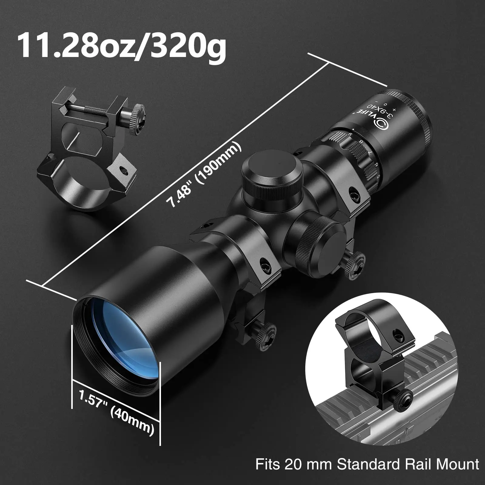 EZshoot Rifle Scope 3x-9x40 Compact Hunting Riflescope Optic Sight Crosshair Reticle Sniper Scopes Collimator 2PCS 20MM Mount