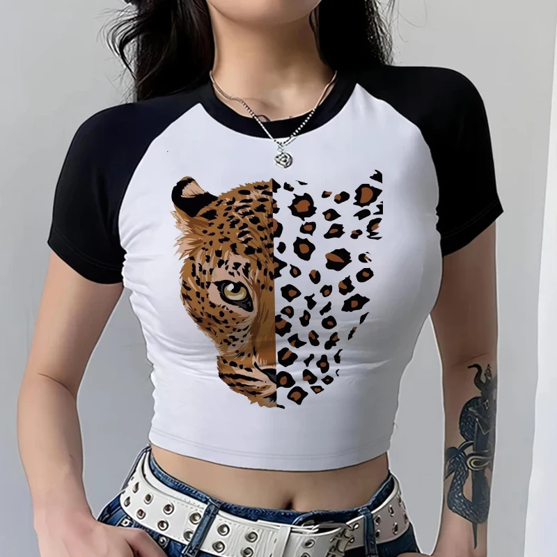 

Streetwear Leopard Tiger Animal Print Printed Cropped Girls T Shirt Women's Print Shirt T-shirt Funny Top Tee