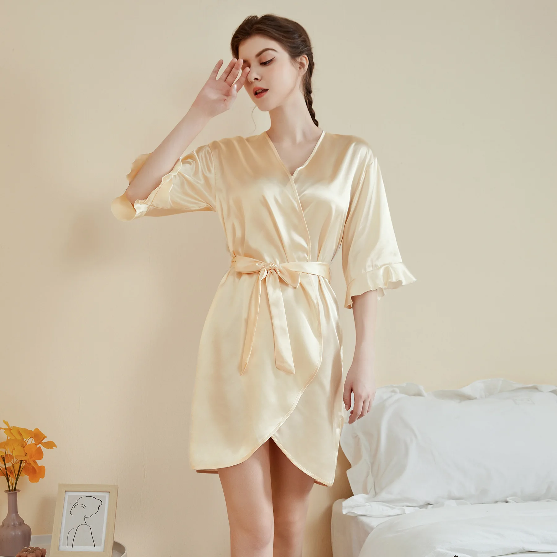Satin Robe Female Intimate Lingerie Sleepwear Silky Bride Wedding Gift Casual Lotus Leaf Sleeves Kimono Bathrobe Gown Nightgown