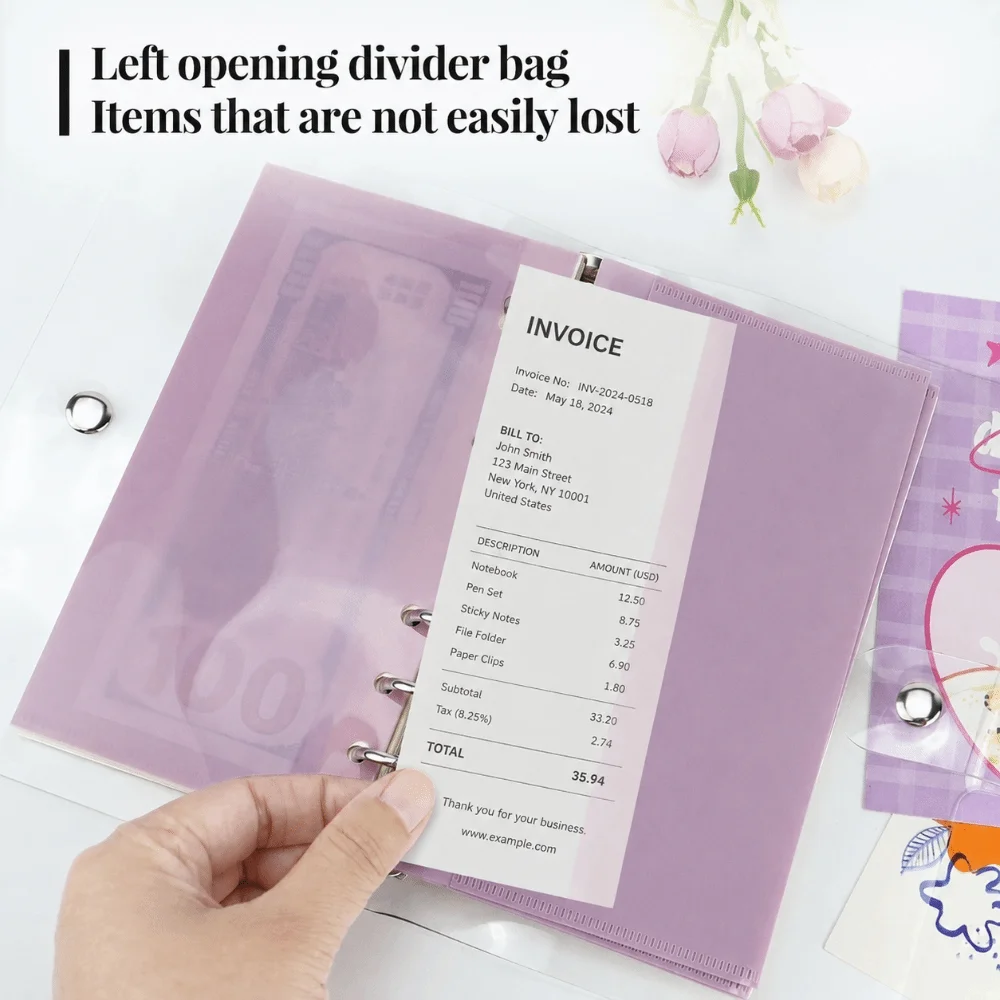 5pcs PP 6 Hole Budget Binder Pockets Transparent A6/A7 Binder Insert Pouch Waterproof Loose Leaf Pouches School Office Supplies