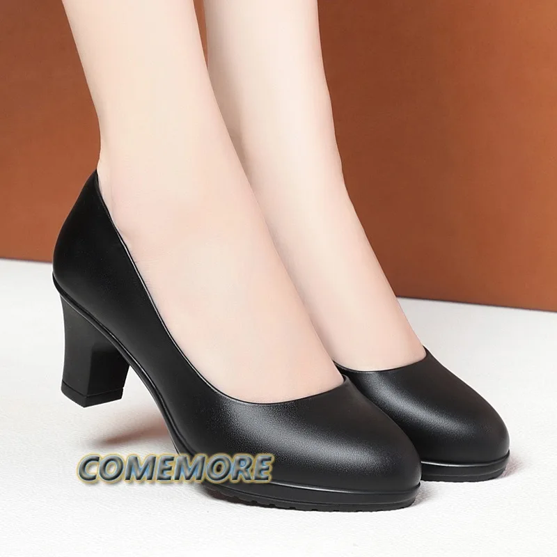 Women Fashion High Quality Elegant Square Heel Pumps Lady Cute Classic Black Office Heel Shoes Spring Autumn PU Zapatos De Mujer