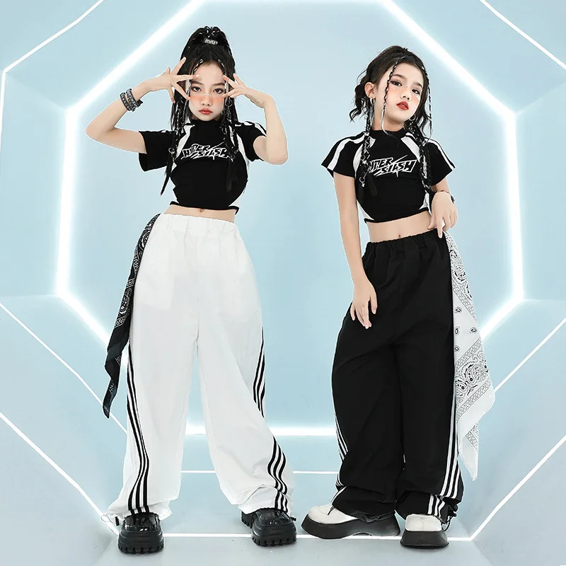 Girls Clothing Summer Chidren Hip Hop Outfit Cotton Black Long Sleeve Crop Top T-Shirt White Polyester Pants 2 Piece Set Streetw