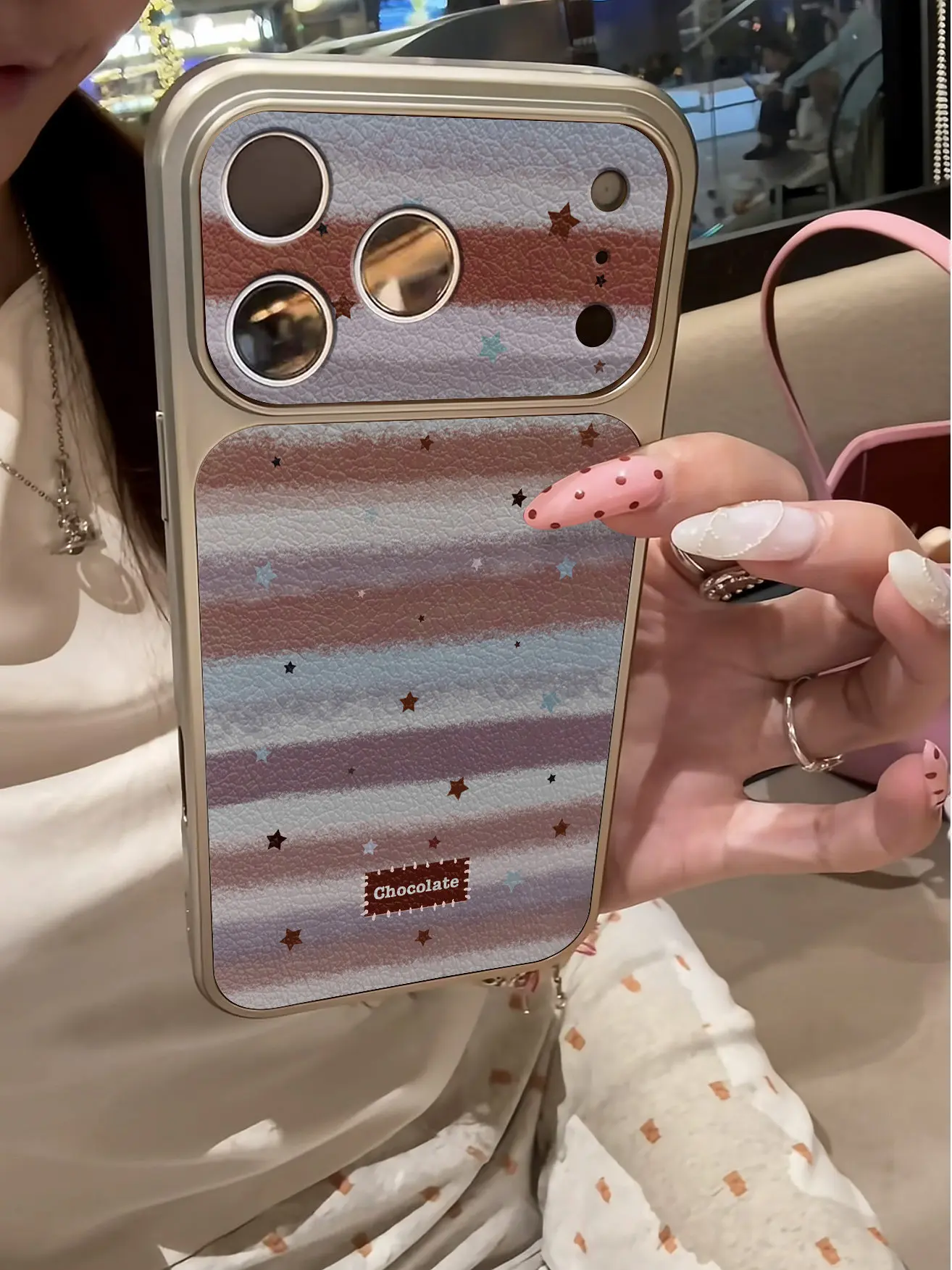 Luxuriöse, rosa gestreifte Handyhülle für iPhone 13 14 15 16 17 Pro Max 17Pro, stoßfeste Hülle mit Lederbezug und Beschichtung. – Detail 12