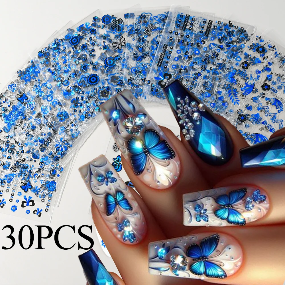 30pcs Klein Blue Butterfly Flowers Nail Art Decals Stickers 3D Retro Glitter Nail Decor Adhesive Sliders Tattoo Manicure Sticker