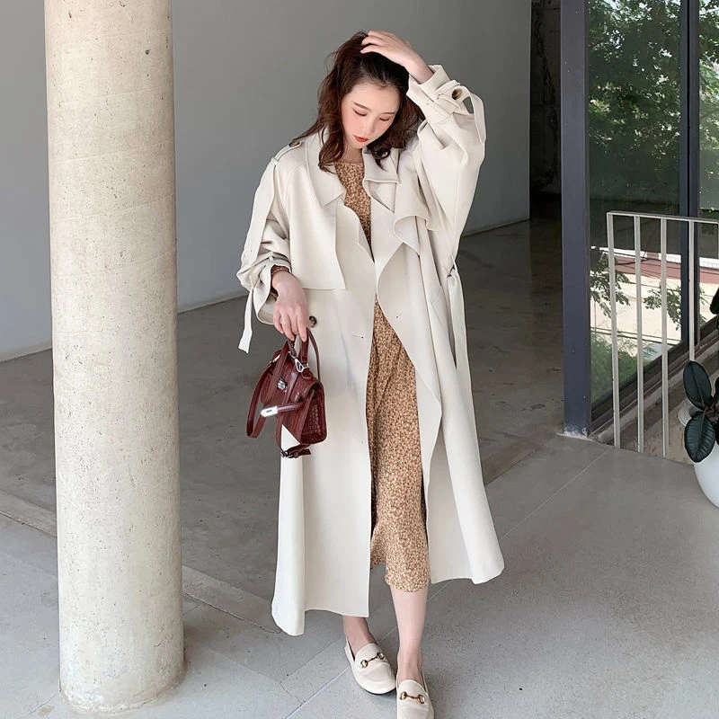 

Korea Loose Oversize Double-Breasted Long Trench Coat Women White Black Duster Coat Windbreaker Lady Outerwear Spring Clothes