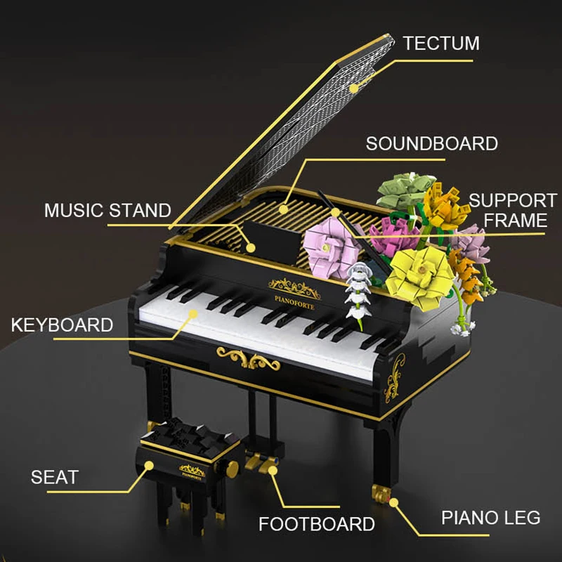 Creative Black Piano Pink Rose Bouquet Model Building Blocks Musical Instrument Construction Bricks Set Toys Children Adult Gift