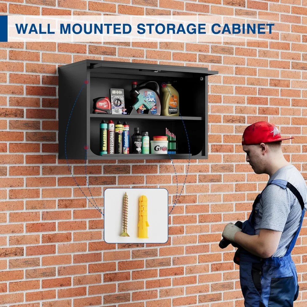 Black Metal Wall-Mounted Storage Cabinet with Shelf and Lock for Garage, Warehouse, Home Organization