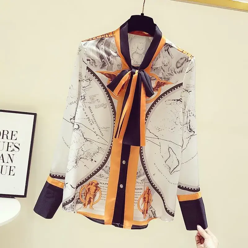 Female Korean Printing Chiffon Scarf Collar Long Sleeve Blouse Spring Office Lady Bow Loose Shirts Women Clothing Fashion Tops