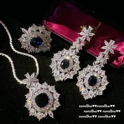 Trendy Lab Sapphire Bridal Jewelry Set Shine Blue Cubic Zirconia Retro 925 Silver Color Wedding Engagement Ring Earring Necklace
