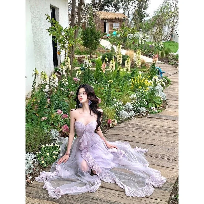

2026 Fairy Tulle Long Dress, Spring Summer Purple Strapless Maxi Dress Stylish Waist Slim Design Elegant Chic Mesh Dress Party