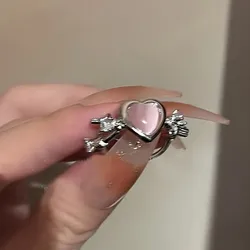 Y2K Pink Crystal Irregular Heart Ring Vintage Shiny Zircon Opal Love Open Ring for Women Kpop Punk Girl Party Jewelry Xmas Gifts