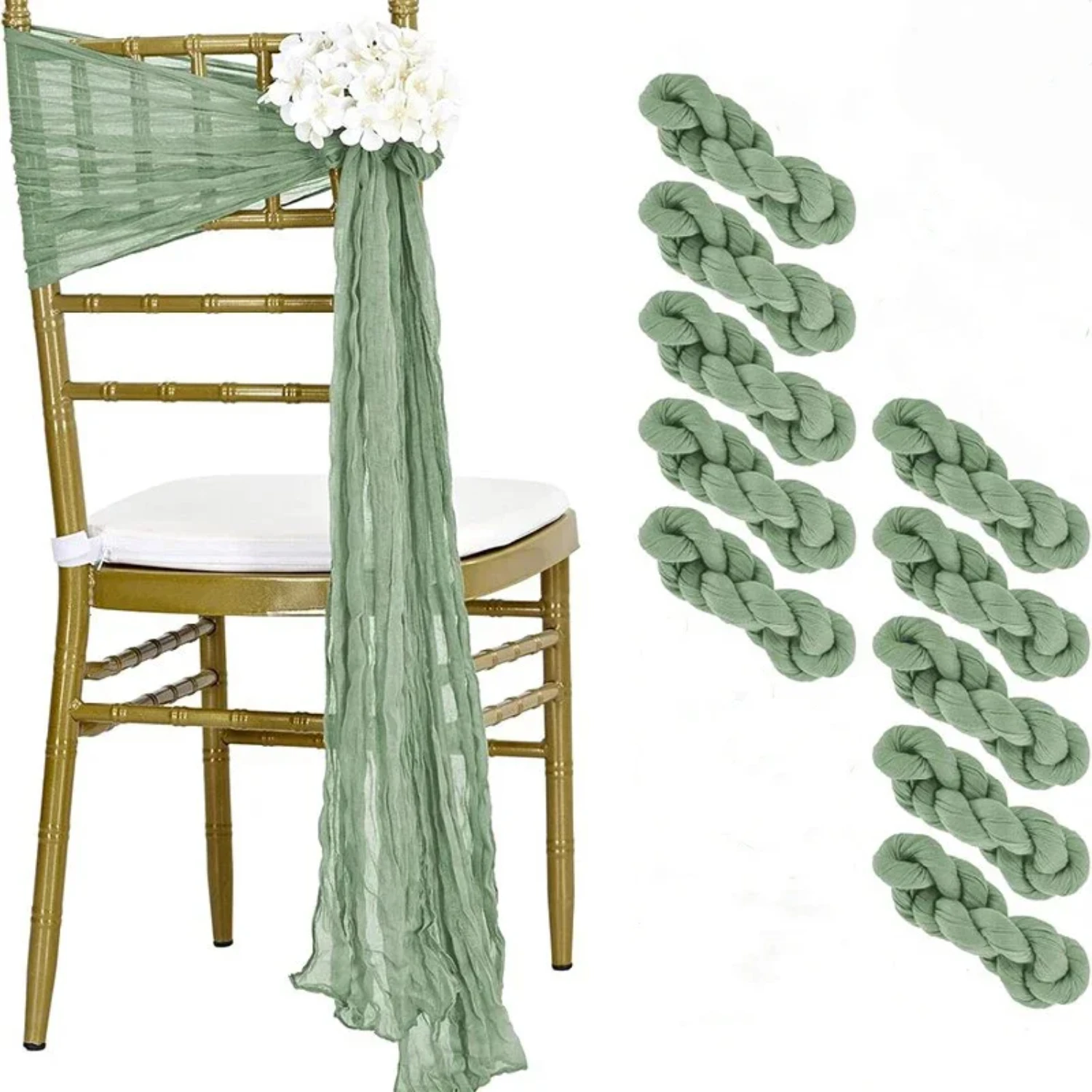 10pcs Sage Green Cheesecloth Chair Sashes 40X275CM Bow Cover Chair Sashes  Wedding Party Banquets Restaurant Aisle Decoration