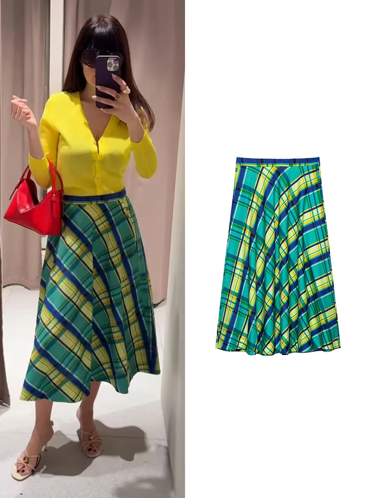 Jupe trapèze classique à taille haute et motif écossais rétro pour femme TFMLN, idéale printemps-été, coupe ajustée, avec poches